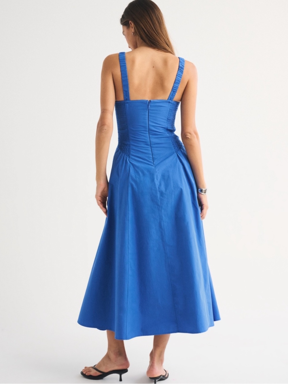 Abercrombie Blue Ruched Neckline Dipped Waist Midi Dress 100% Cotton Small P - Picture 3 of 9